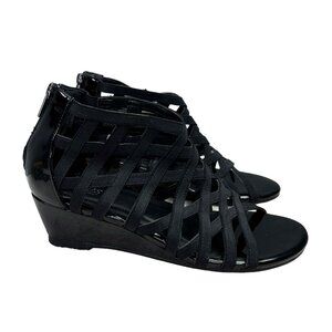 Catherines Good Soles Wedge Sandals Black size 9 Wide Strappy Back Zip Open Toe